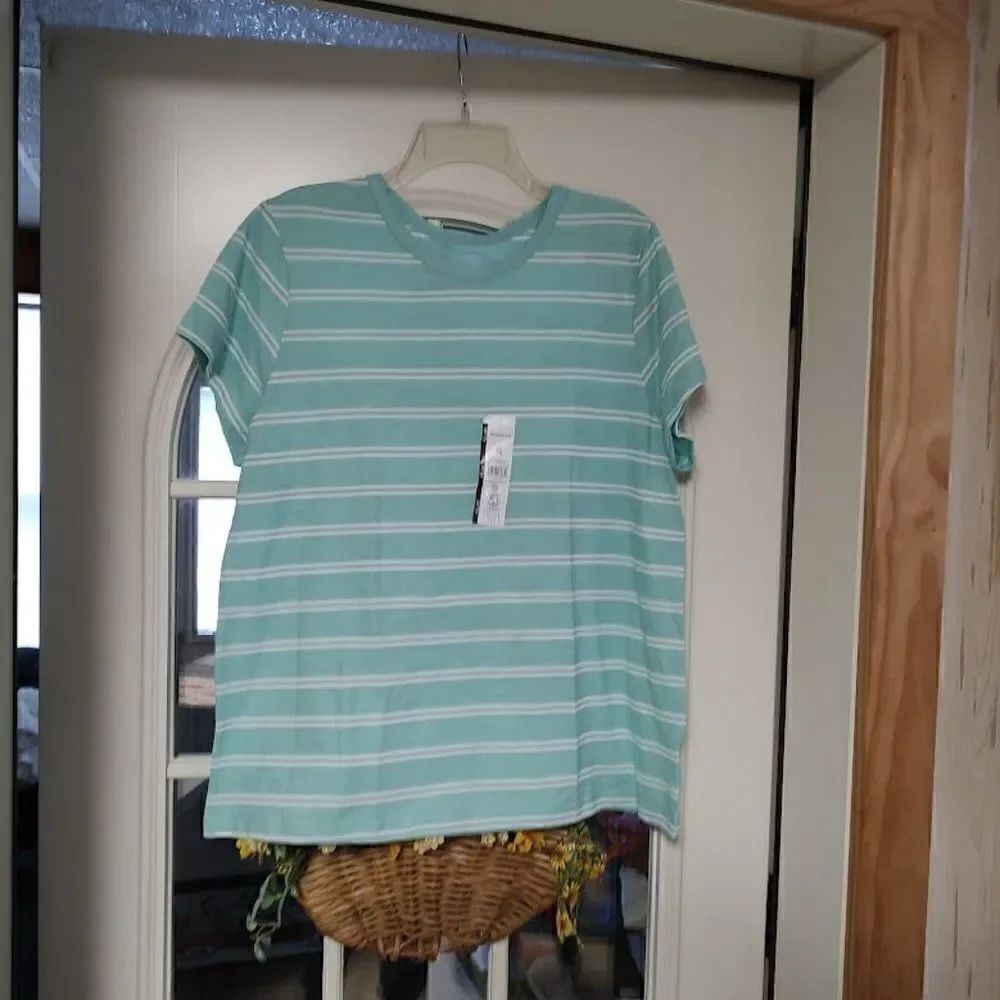 New Time and Tru Mint Green White Striped Relaxed Fit Slub Crew Tee Women's XXL
